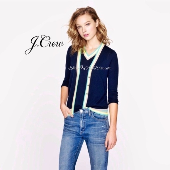 J.Crew NWT navy lightweight v-neck cardigan with neon striped trim - Picture 4 of 11
